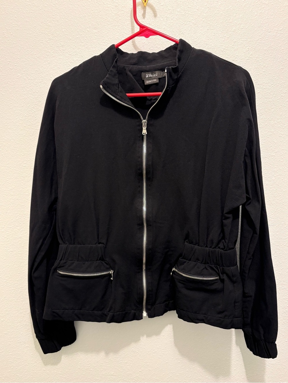 Black Amichi Zip-Front Bomber Jacket with Elastic Waist